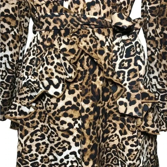 Huguest Leopard Ruffle Deep Drop Neckline Mini Dress with Belt Tie - Picture 5 of 9